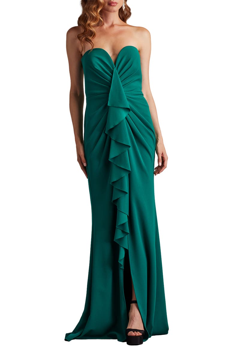Tadashi Shoji Ruffle Front Strapless Gown, Alternate, color, Emerald