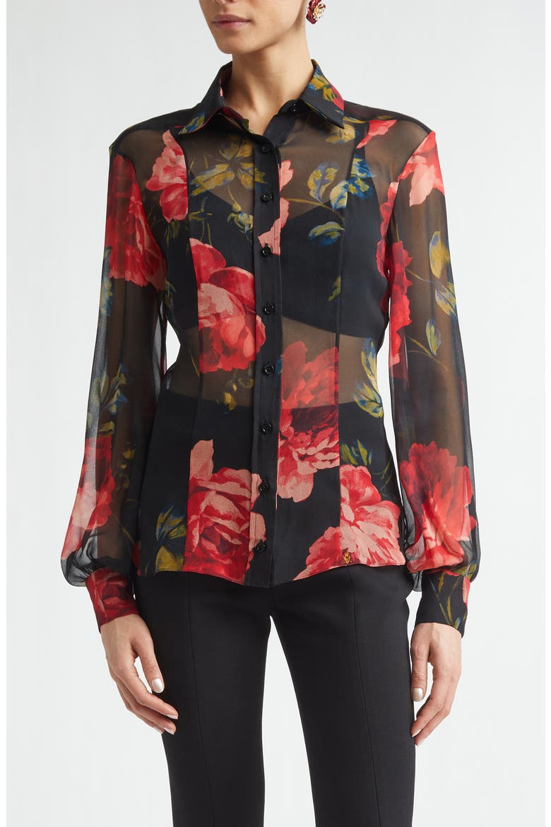 Isabella Sheer Silk Chiffon Button-Up Shirt, Main, color, BLACK MULTI