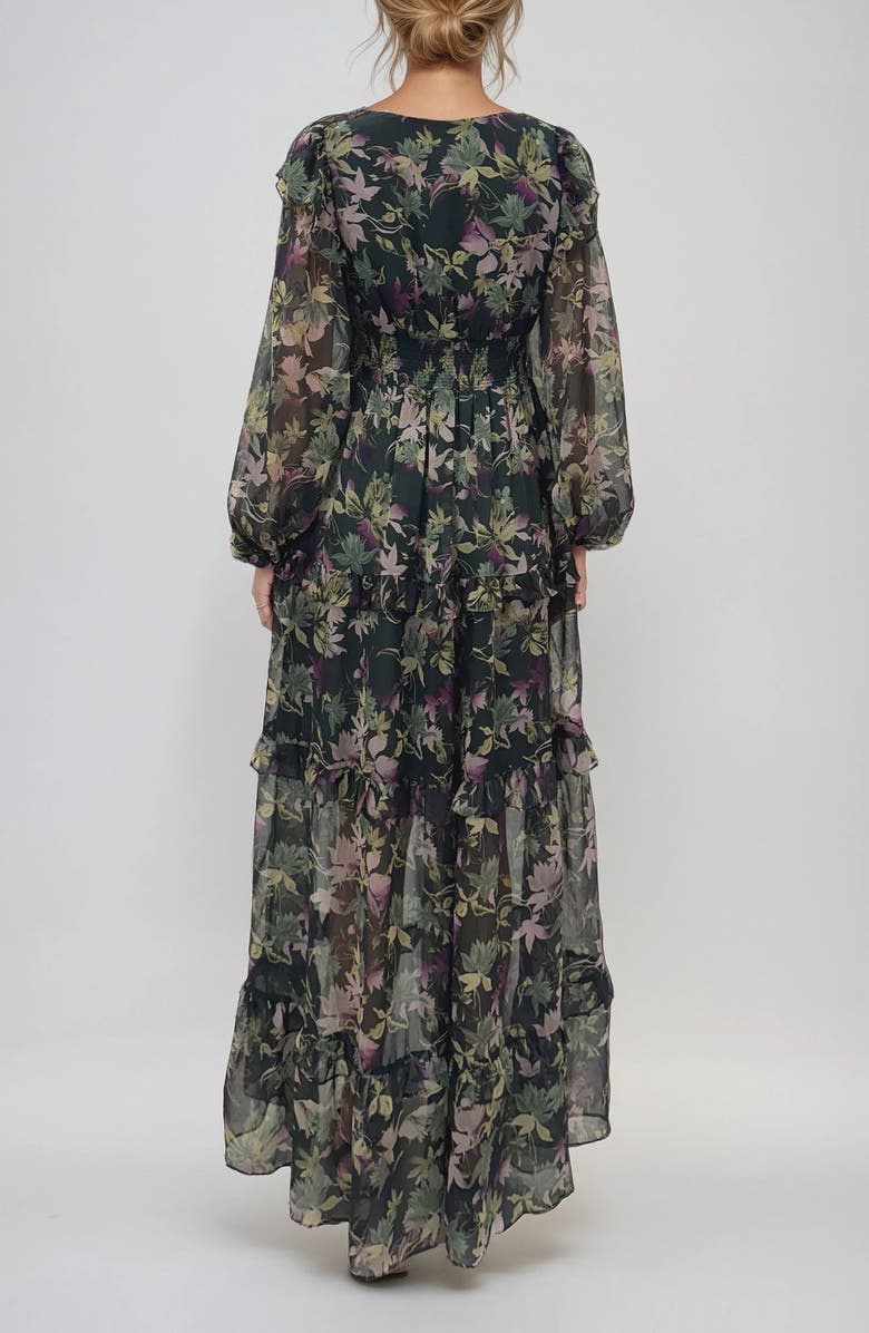 MELLODAY Print Ruffle Long Sleeve Chiffon Maxi Dress, Alternate, color, Hunter Green Floral