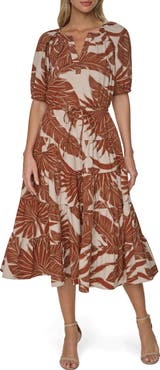 Calvin Klein Printed Split Neck Tiered Dress