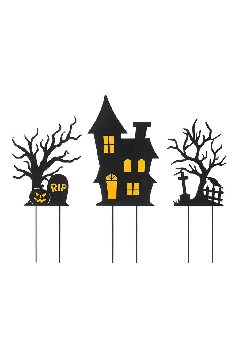 Set of 3 Halloween Metal Haunted House Yard Stake, Main, color, Black