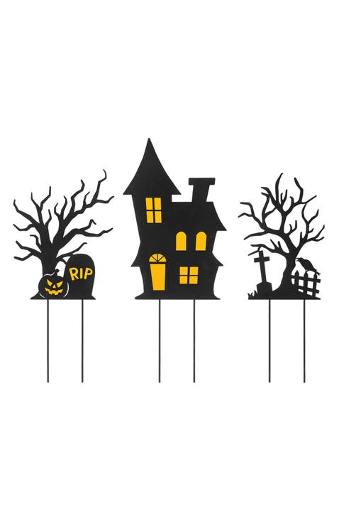 Set of 3 Halloween Metal Silhouette Haunted House Yard Stake or Hanging Decor