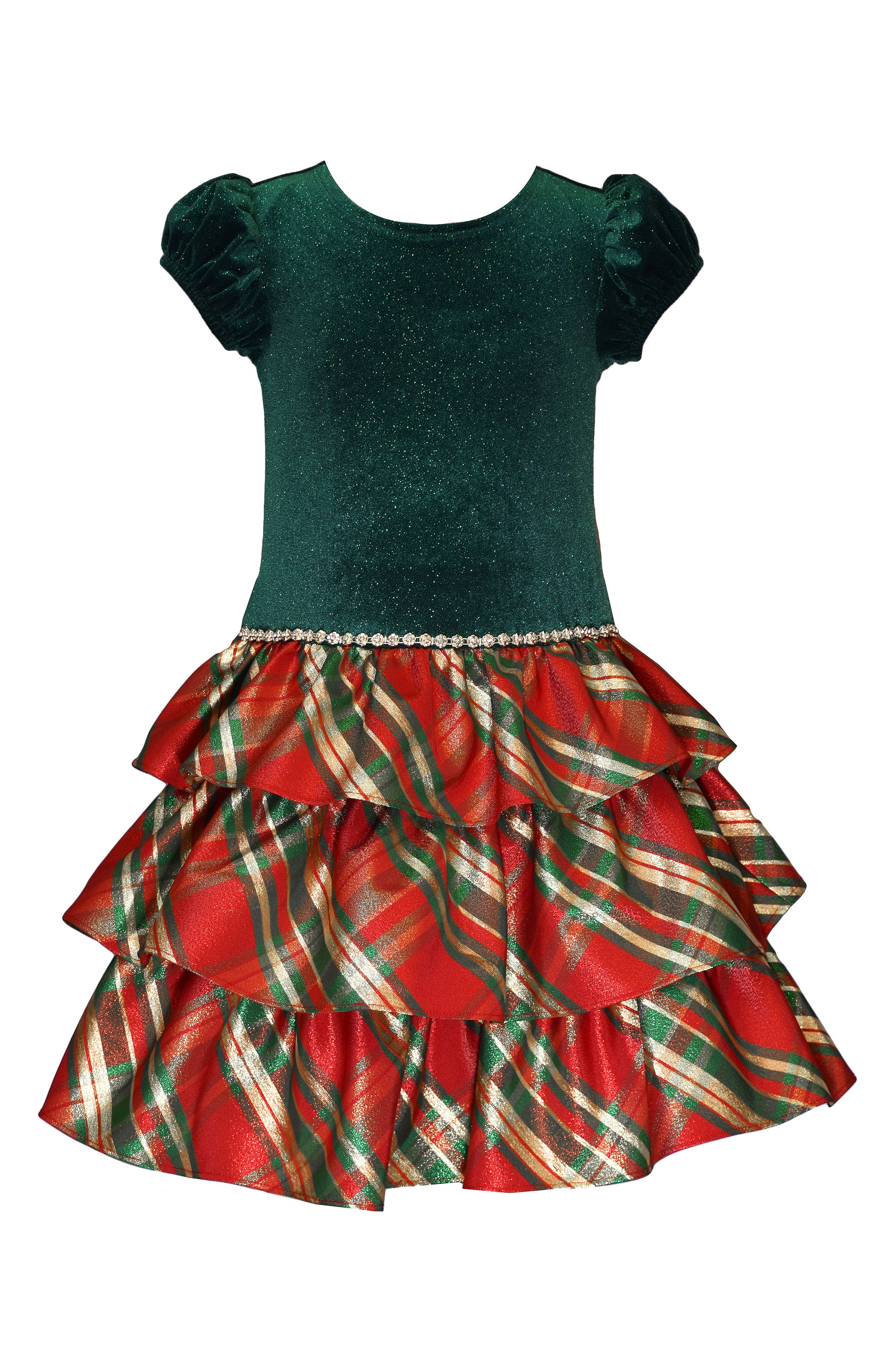 Iris & Ivy Kids' Velvet & Metallic Plaid Tiered Dress in Green 