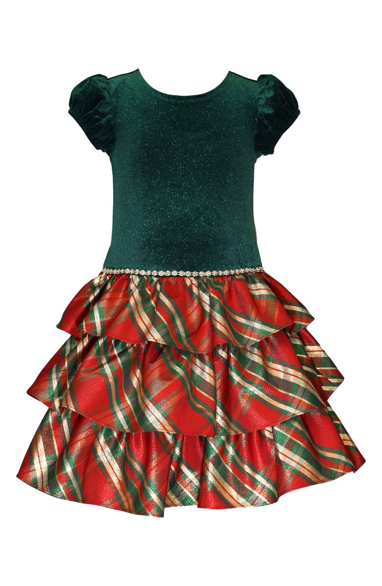 Iris & Ivy Kids' Velvet & Metallic Plaid Tiered Dress, Main, color, Green