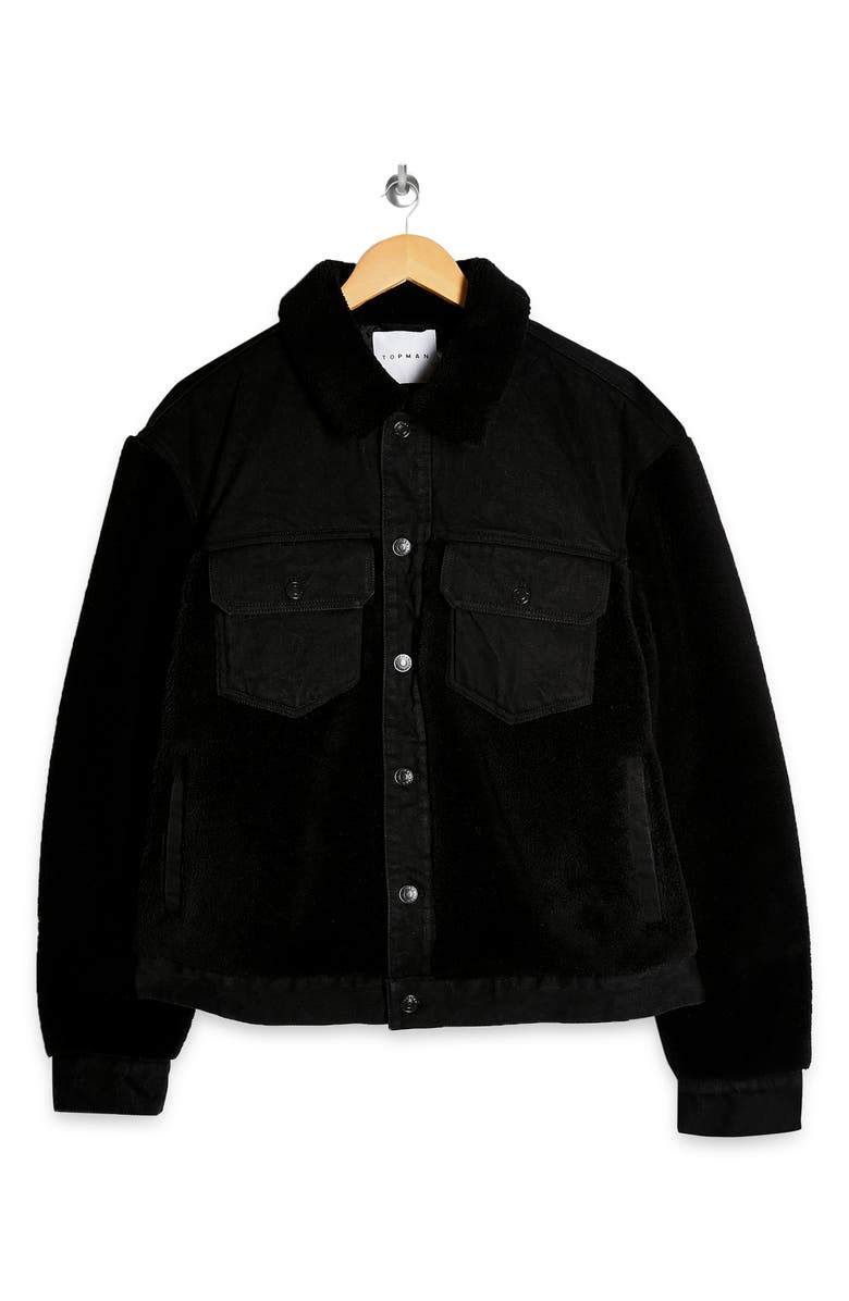 Topman Cut & Sew Fleece & Denim Jacket, Alternate, color, 