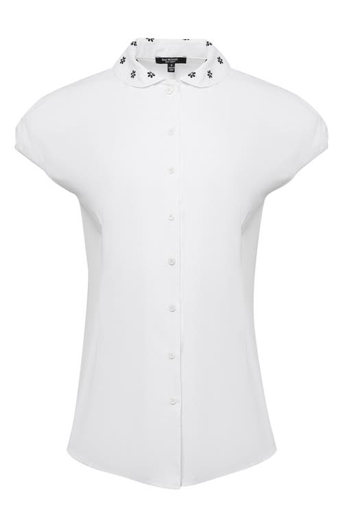 Isaac Mizrahi New York Embroidered Collar Cap Sleeve Button-up Shirt In White