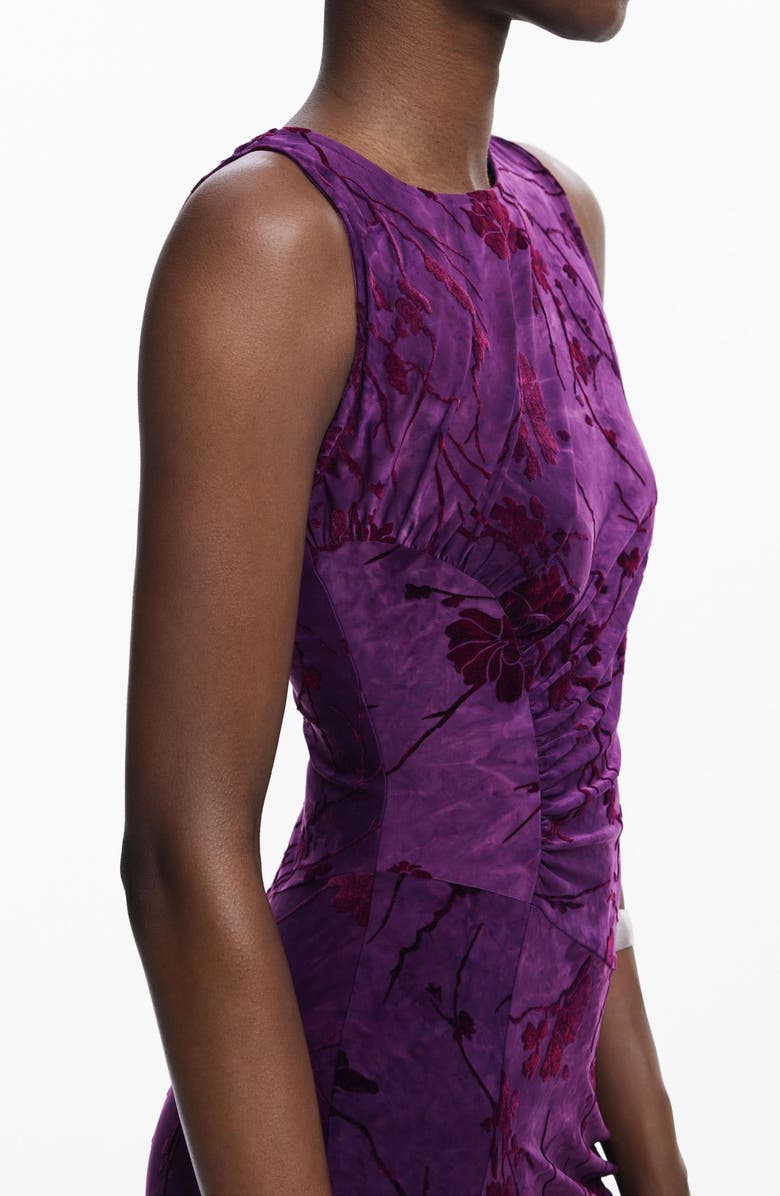 Desigual Floral Stretch Velvet Midi Dress, Alternate, color, Medium Purple