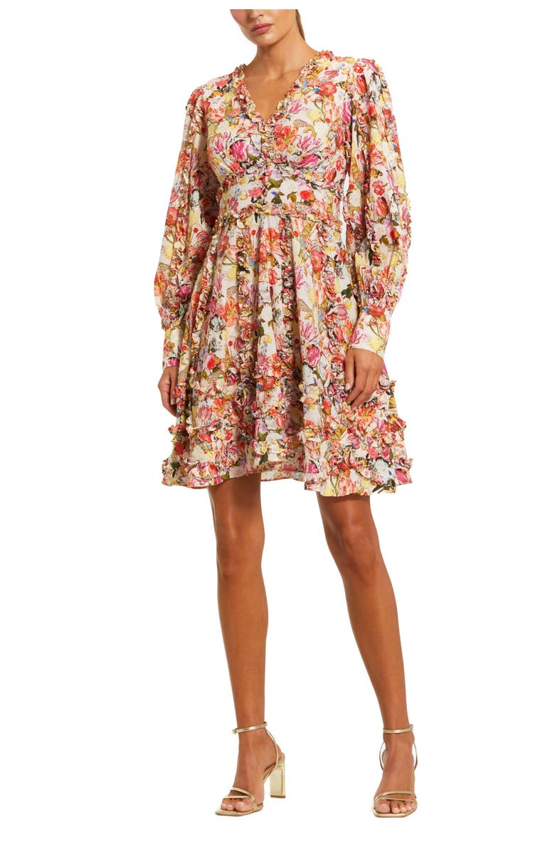 Mac Duggal Ruffle Floral V Neck Cotton Mini Dress, Main, color, Pink Multi