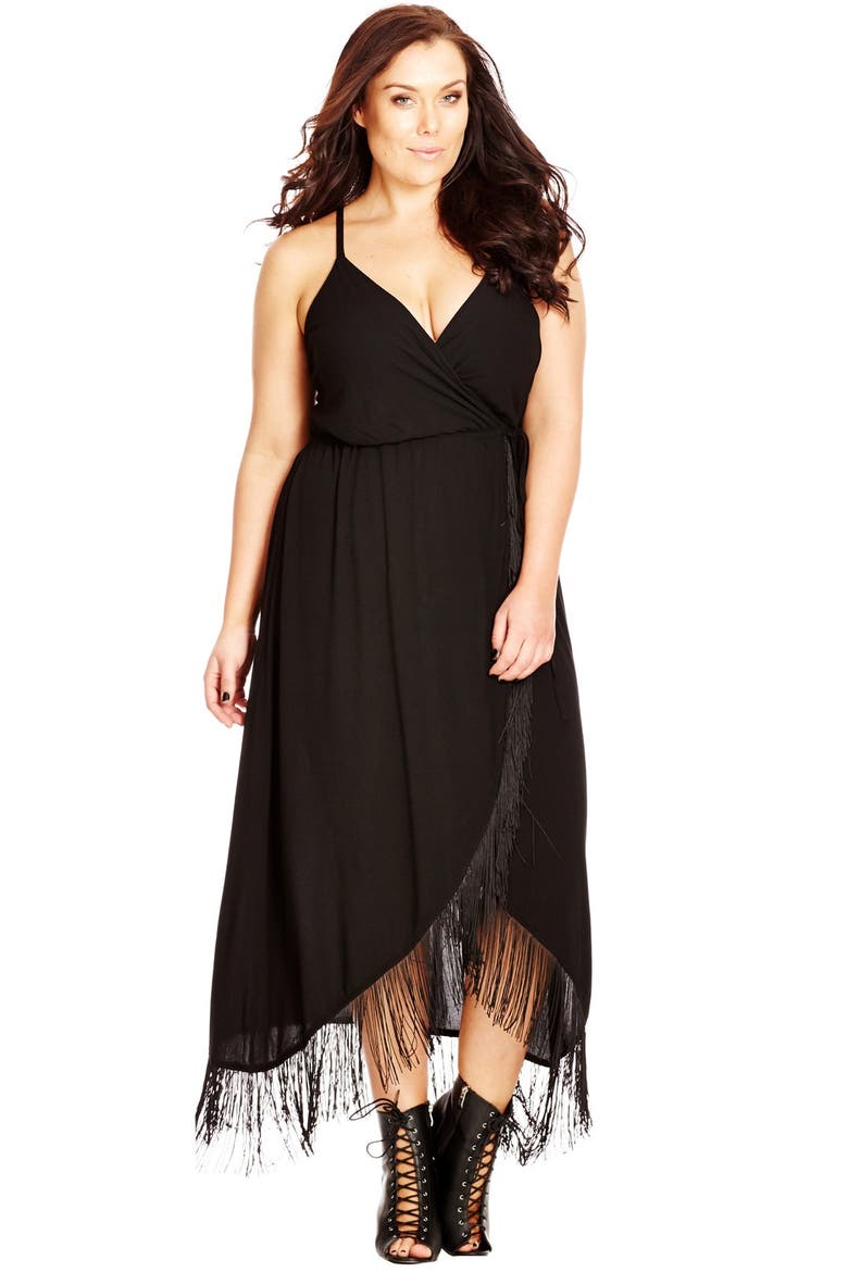 Fringe Trim Drawstring Waist Maxi Dress, Alternate, color, BLACK