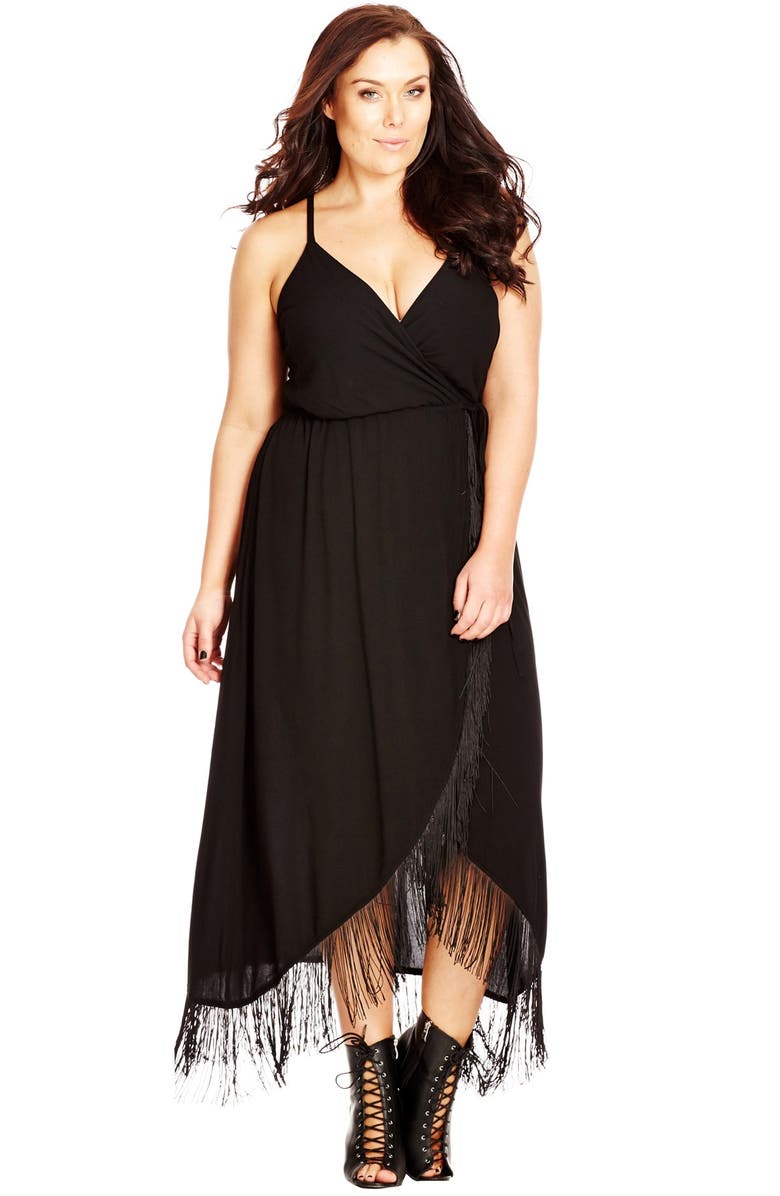 City Chic Fringe Trim Drawstring Waist Maxi Dress, Alternate, color, 