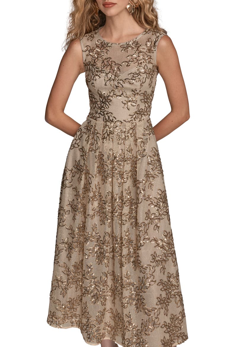 Floral Sequin Sleeveless Gown, Alternate, color, SAND