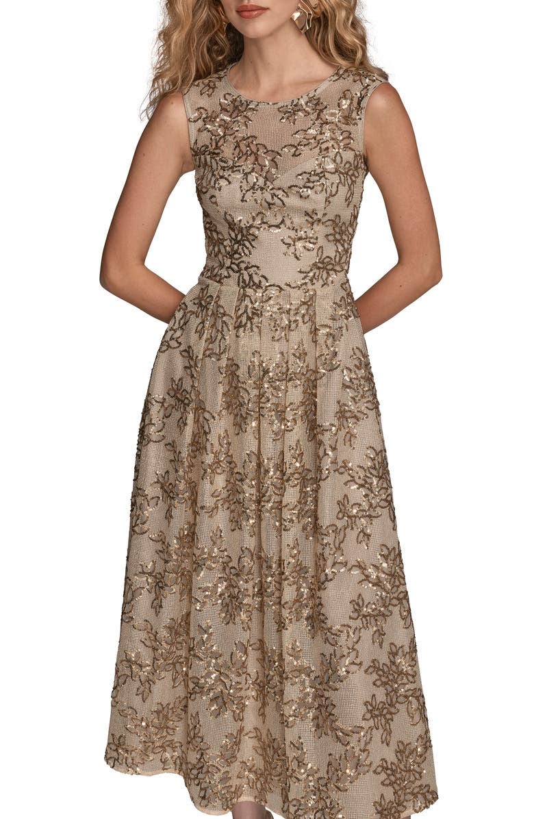 Donna Karan New York Floral Sequin Sleeveless Gown, Alternate, color, Sand