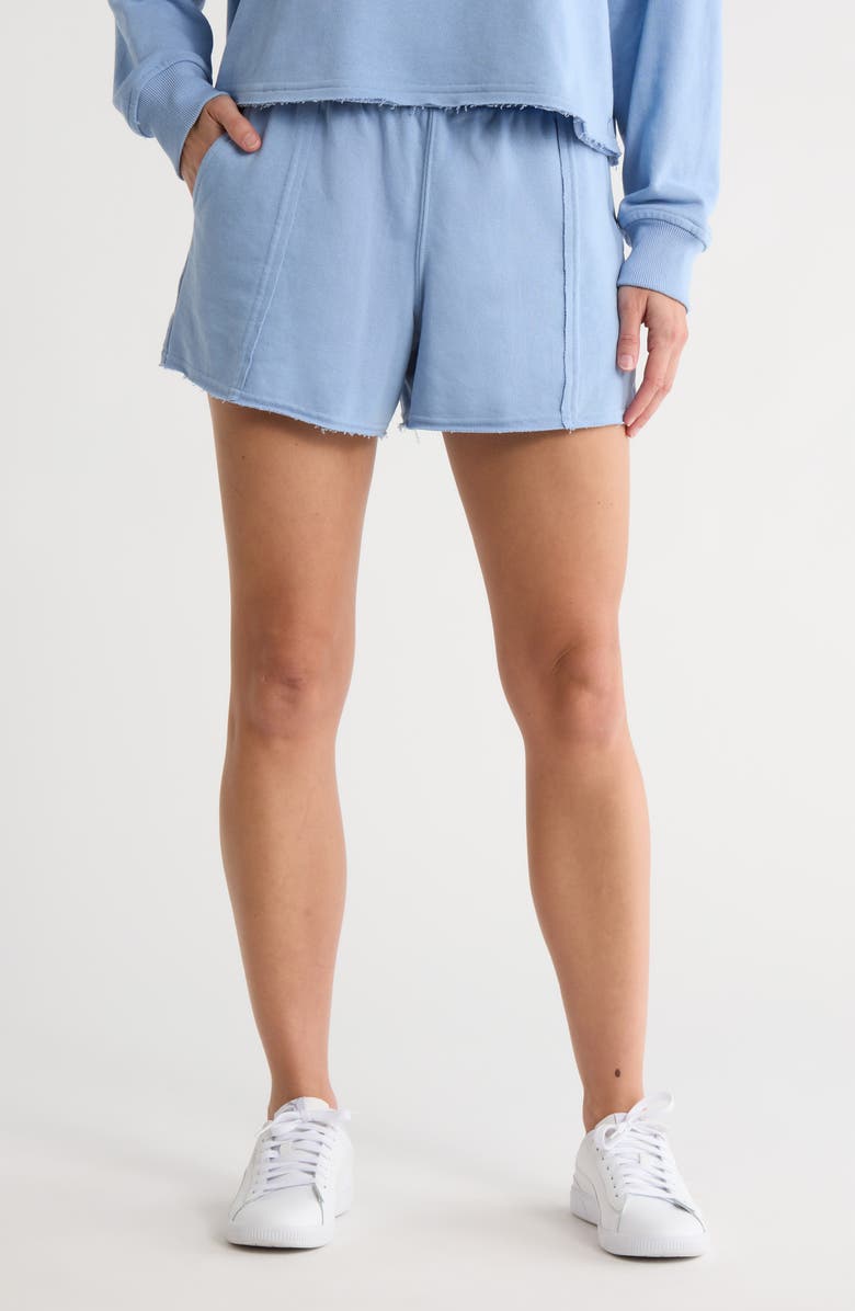 YOGALICIOUS Rise Up Raw Edge French Terry Shorts, Main, color, Tidal Wave