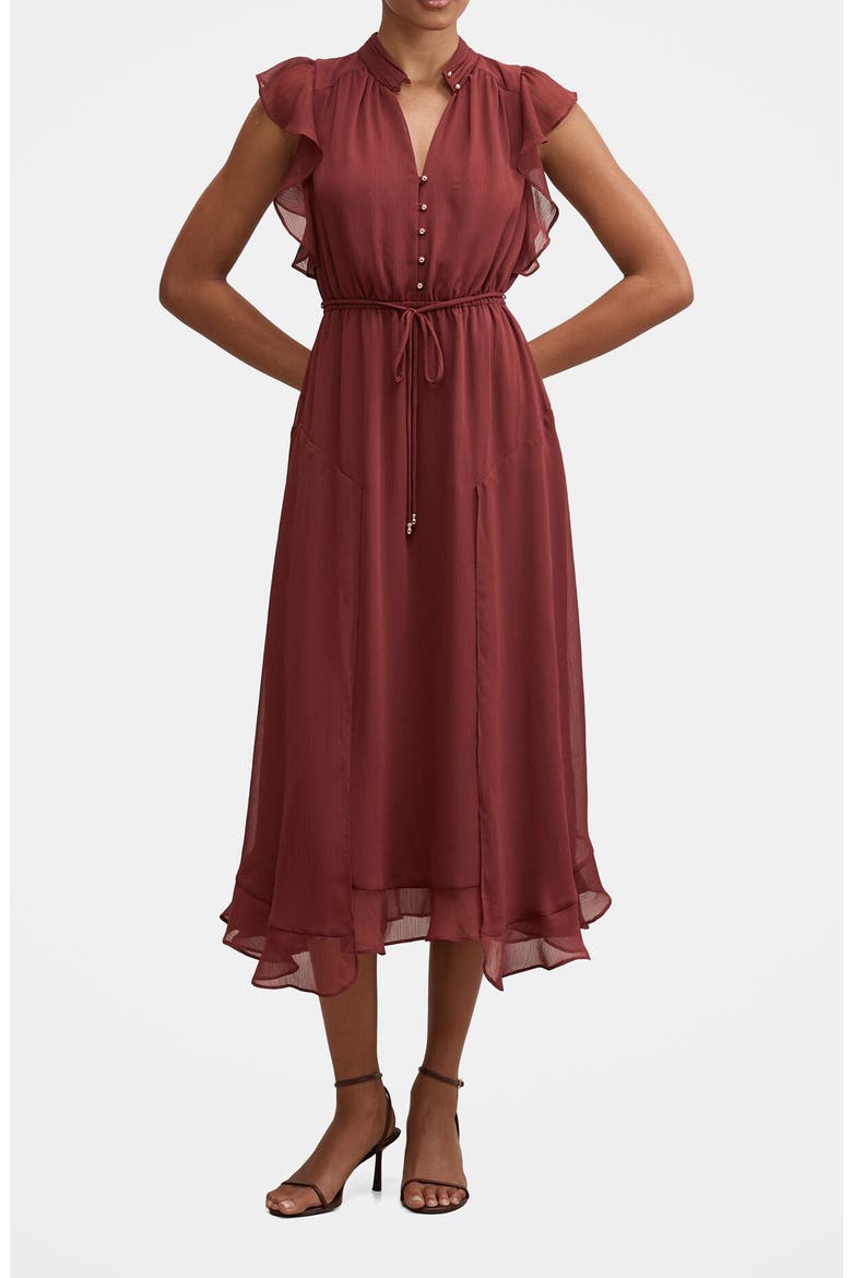 Maxwell Flutter Sleeve Midi Dress, Main, color, PLUM WINE