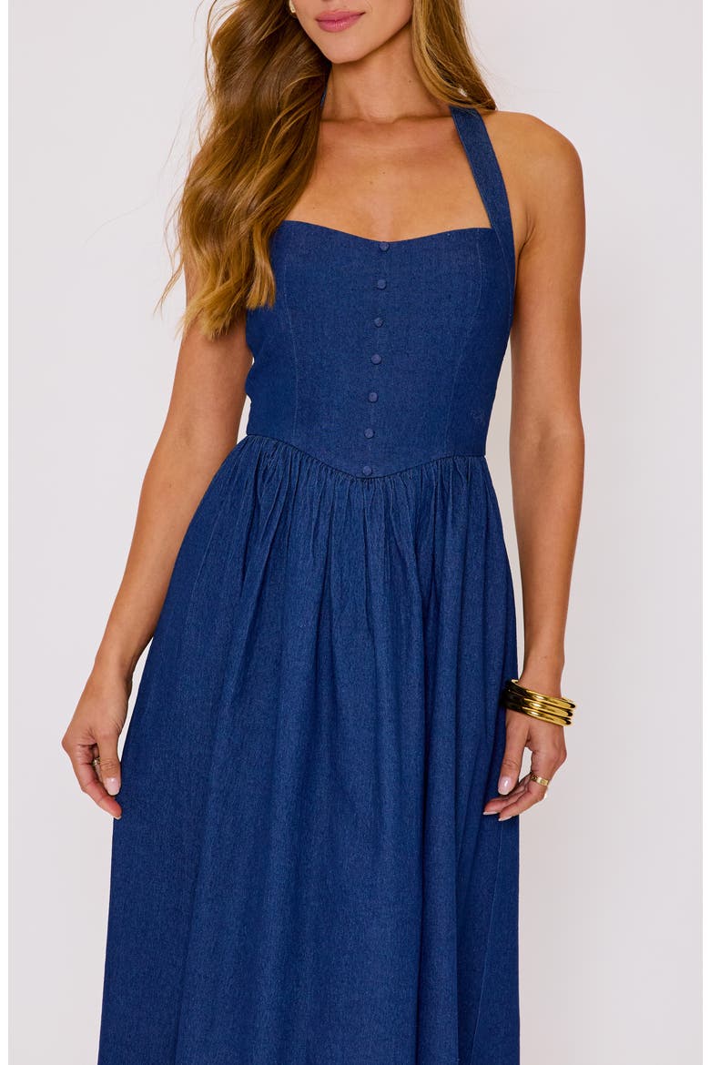 Kylie Denim Halter Midi Dress, Alternate, color, DARK WASH