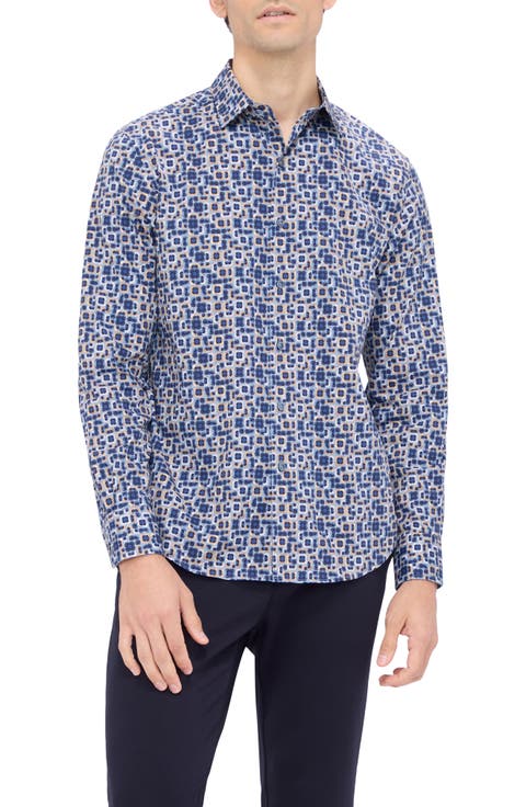Julian Shaped Fit Geo Print Stretch Button-Up Shirt