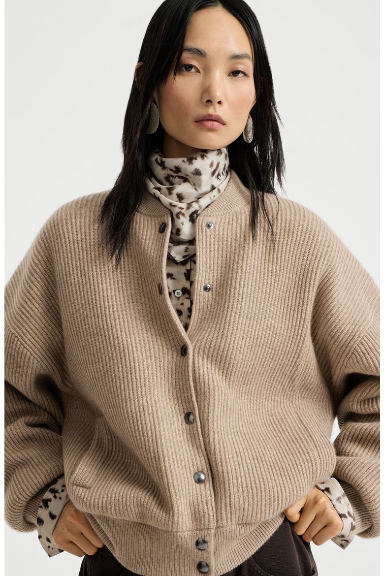 Cashmere English rib knit bomber jacket with Thermore® padding, Alternate, color, Cashmere Beige