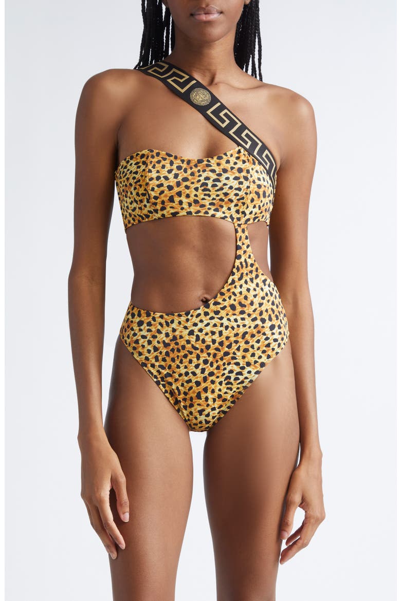 Cheetah Print Cutout One-Shoulder One-Piece Swimsuit, Main, color, NEUTRAL