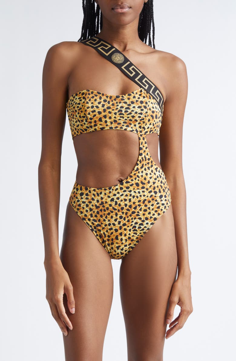 Versace Cheetah Print Cutout One-Shoulder One-Piece Swimsuit, Main, color, Neutral