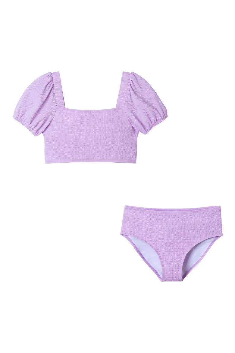 Kids' Texture Puff Sleeve Two-Piece Swimsuit, Main, color, PURPLE