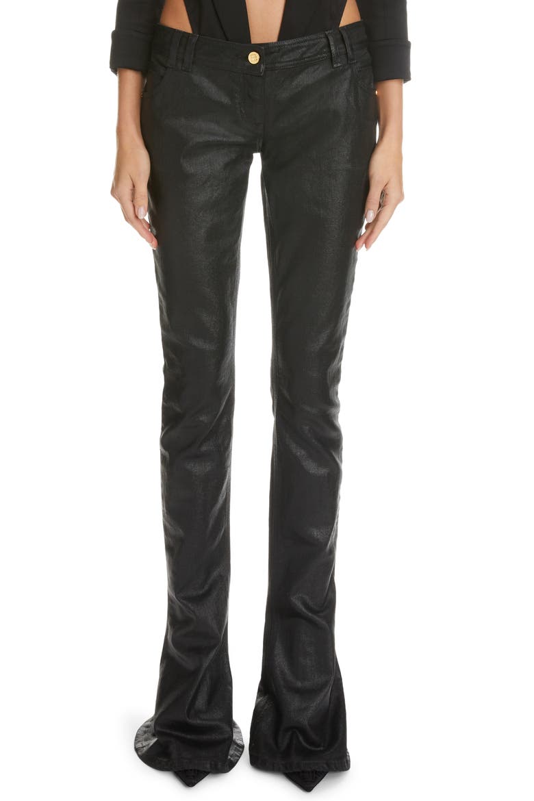 Coated Low Rise Flare Cuff Bootcut Jeans, Main, color, NOIR