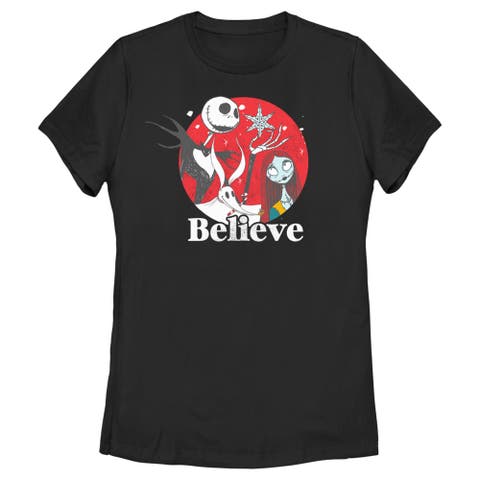 Women's The Nightmare Before Christmas Christmas Believe Jack and Sally  Graphic T-Shirt