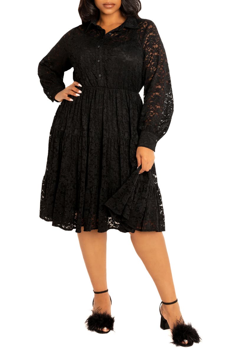BUXOM COUTURE Lace Long Sleeve Shirtdress, Main, color, Black
