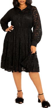 BUXOM COUTURE Lace Long Sleeve Shirtdress