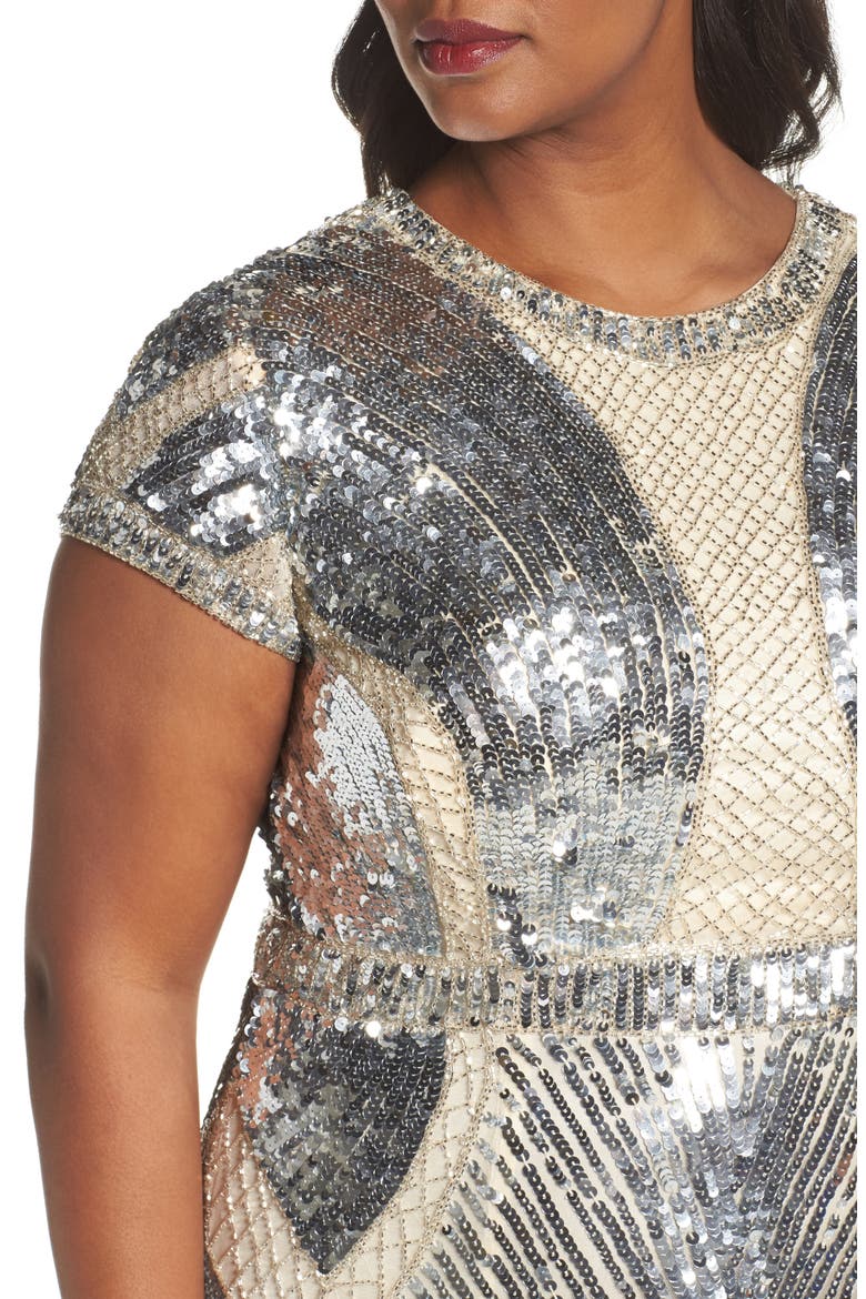 Sequin Cap Sleeve Mesh Gown, Alternate, color, SILVER/ NUDE