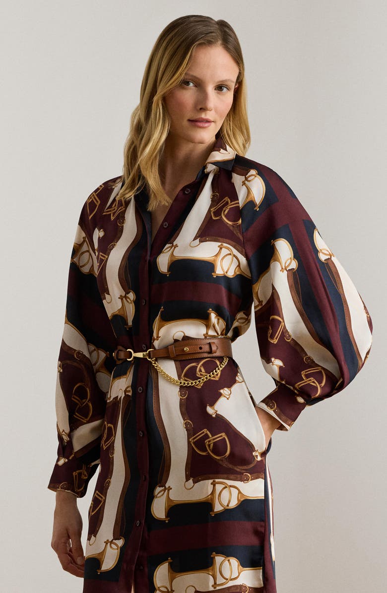 Lauren Ralph Lauren Equestrian Print Long Sleeve Twill Midi Shirtdress, Alternate, color, Brown/ Navy/ Cream Multi