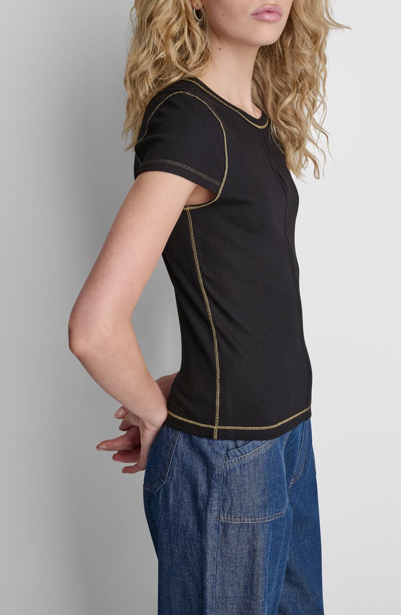 DKNY Contrast Stitch Cutout Detail Rib Top, Alternate, color, Black