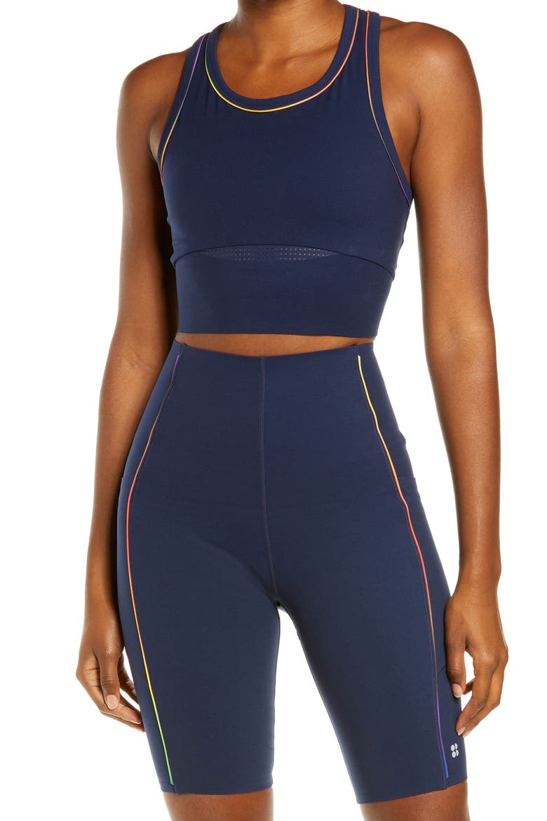 Power Frame Racerback Sports Bra (Limited Edition), Main, color, NAVY BLUE MULTI