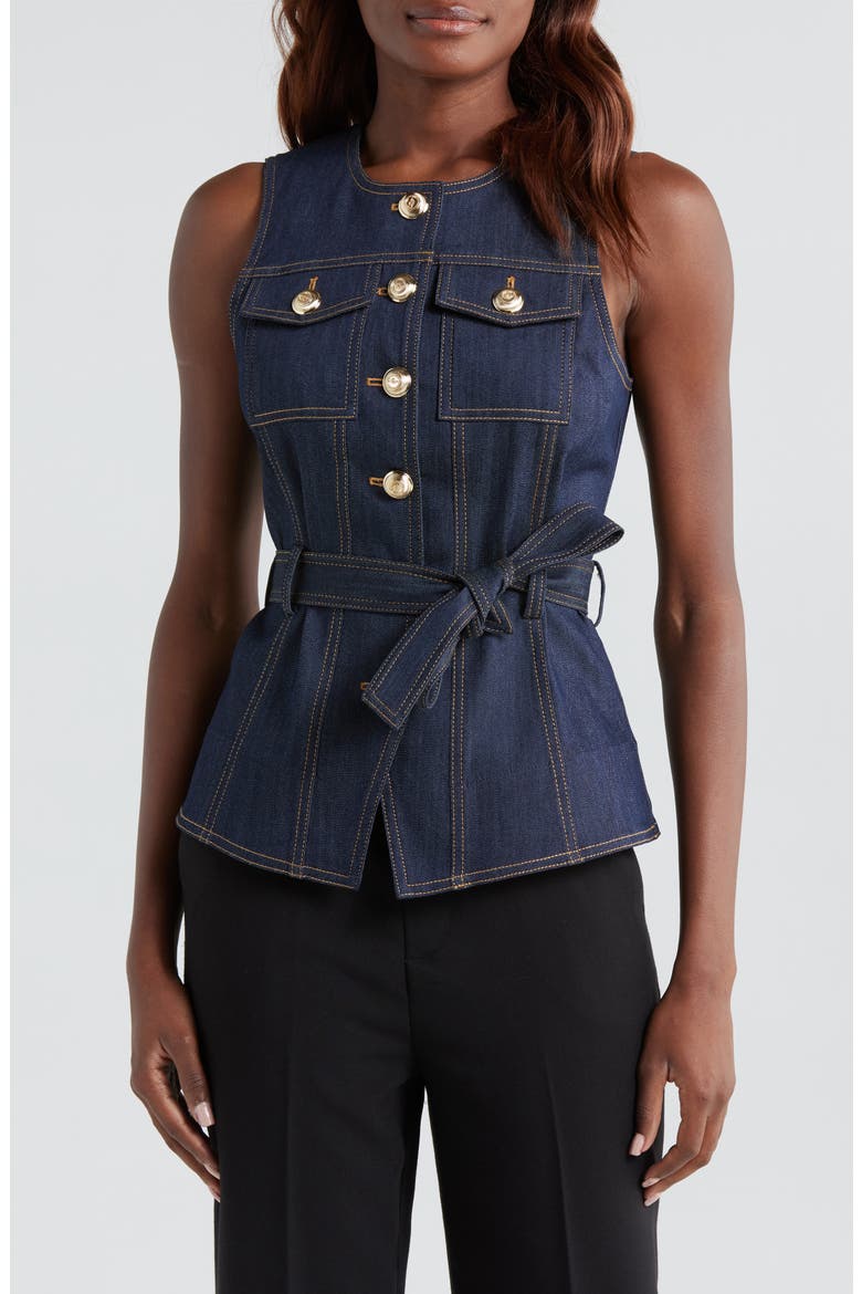 Renee Belted Denim Vest, Main, color, INDIGO