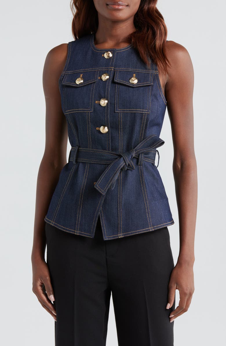 Cinq à Sept Renee Belted Denim Vest, Main, color, Indigo