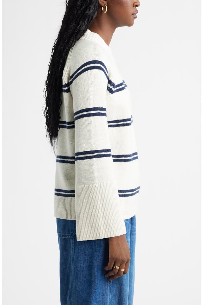 Bell Sleeve Mock Neck Merino Wool & Cotton Sweater, Alternate, color, IVORY- NAVY DUO STRIPE