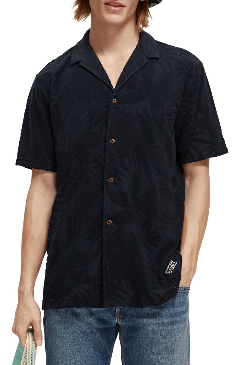 Scotch & Soda Short Sleeve Organic Cotton Blend Terry Jacquard Button-Up Camp Shirt, Main, color, 