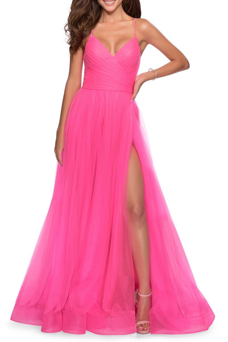 Long Tulle A-line Gown with Side Slit and Pockets, Alternate, color, NEON PINK