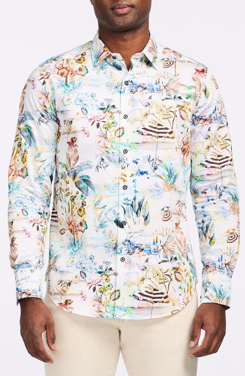 Robert Graham Floral Print Cotton Button-Up Shirt, Main, color, White Multi