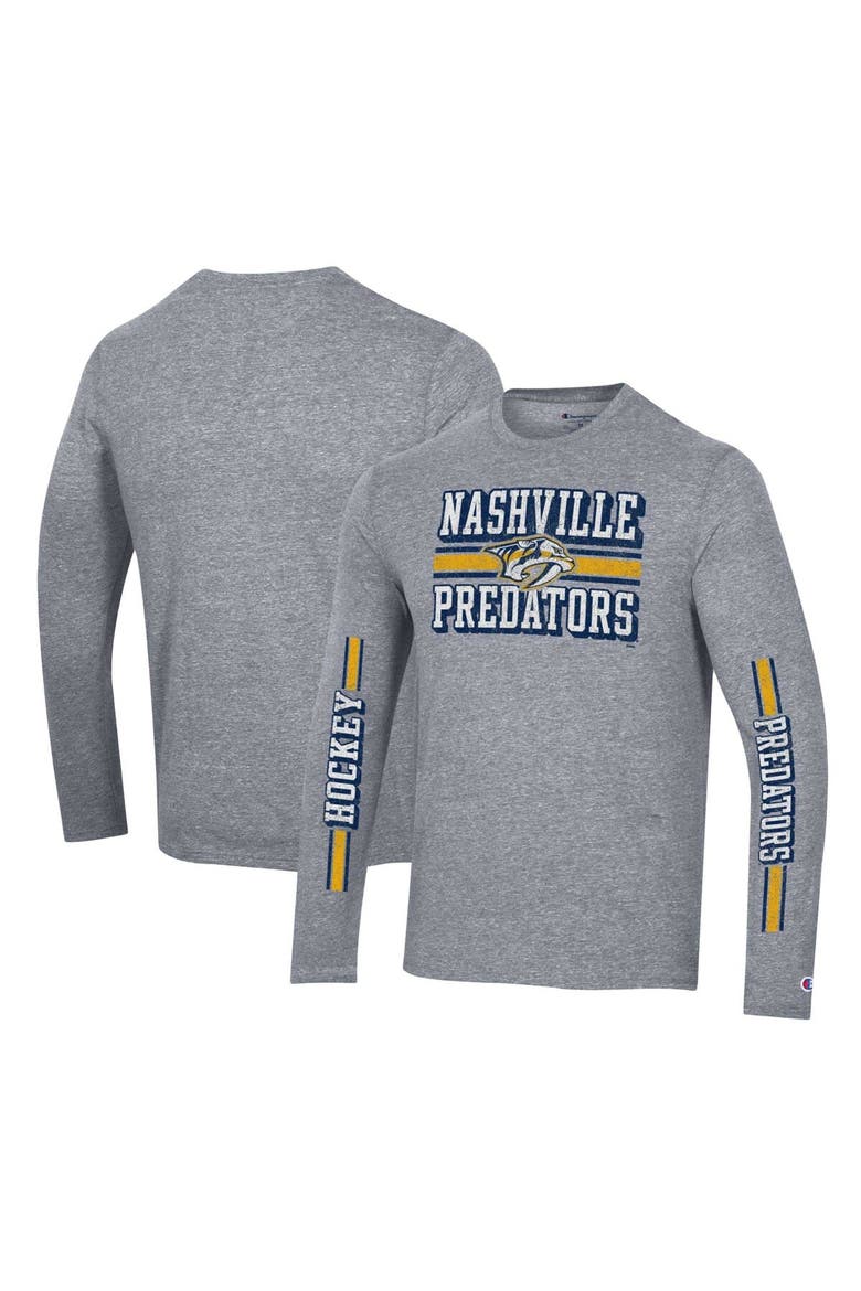 Men's Champion Heather Gray Nashville Predators Tri-Blend Dual-Stripe Long Sleeve T-Shirt, Main, color, Heather Gray
