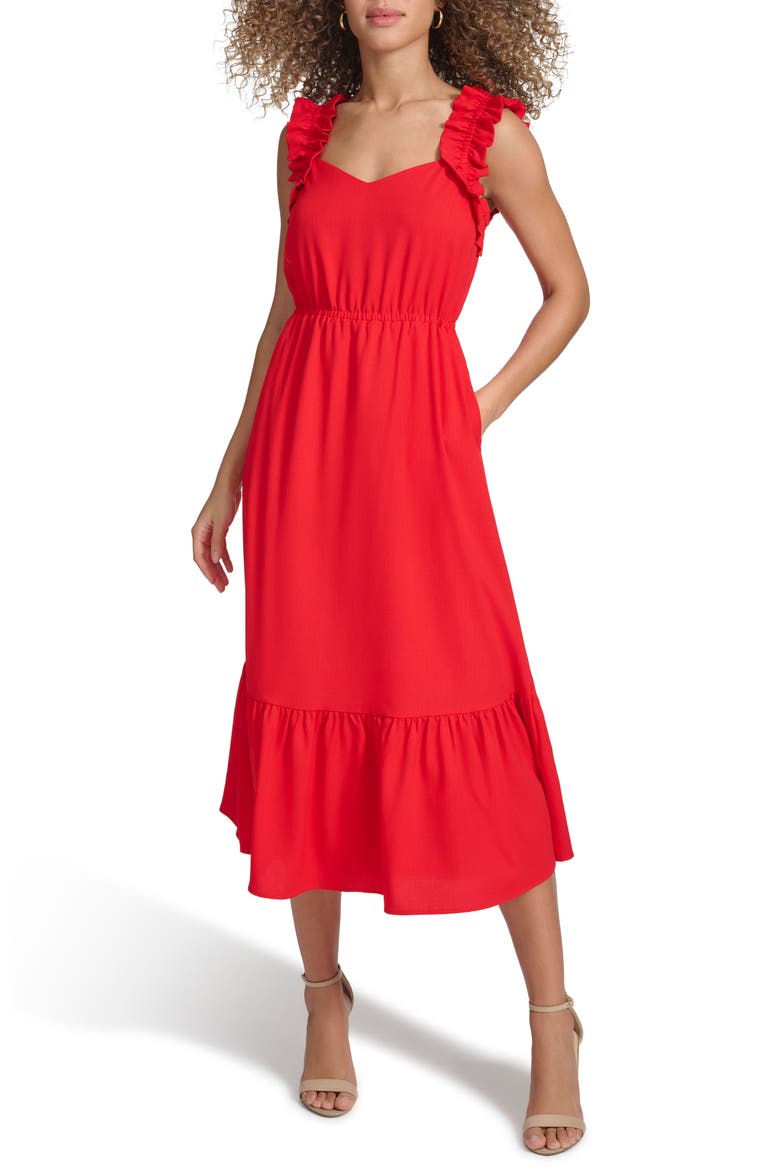 Ruffle Sleeveless Fit & Flare Midi Dress, Main, color, RED