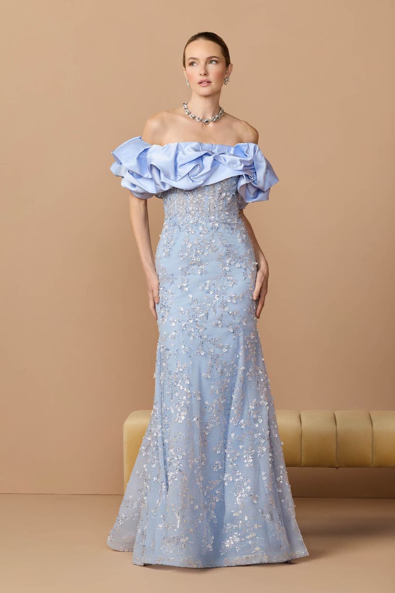Beaded Applique Off The Shoulder Mermaid Gown, Alternate, color, Periwinkle