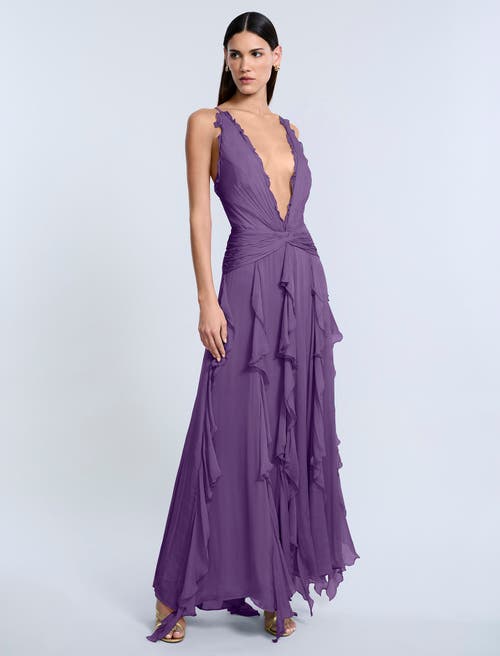 Bcbg Ruffle Halter Chiffon Gown In Purple