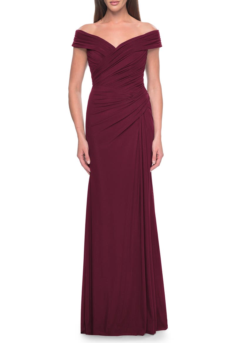 Off the Shoulder Jersey Evening Gown with Ruching, Main, color, Dark Wine
