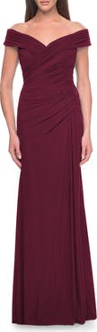 La Femme Off the Shoulder Jersey Evening Gown with Ruching