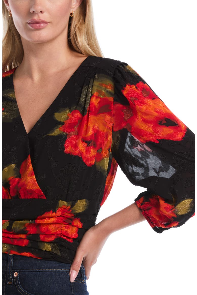 Puff Sleeve Faux Wrap Front Blouse, Alternate, color, FLAME SCARLET
