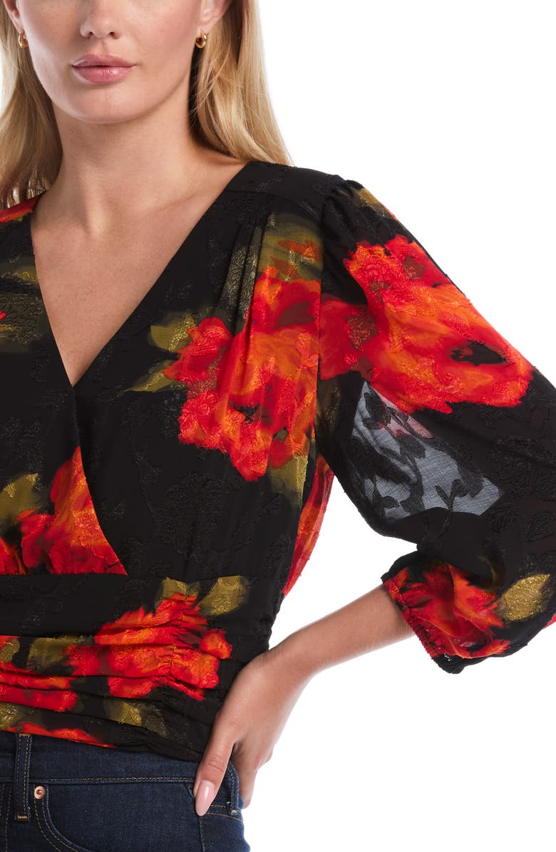 Laundry by Shelli Segal Puff Sleeve Faux Wrap Front Blouse, Alternate, color, Flame Scarlet