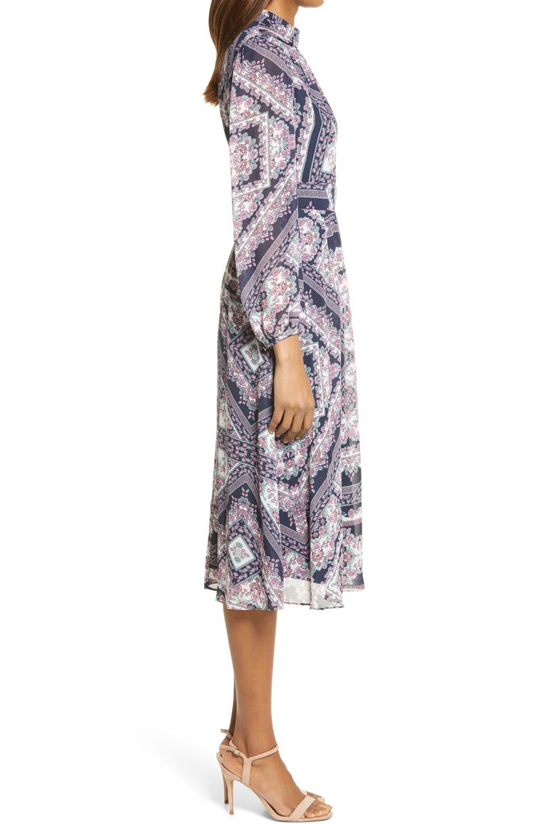 Tile Print Mock Neck Long Sleeve Midi Dress, Alternate, color, NAVY/ PINK