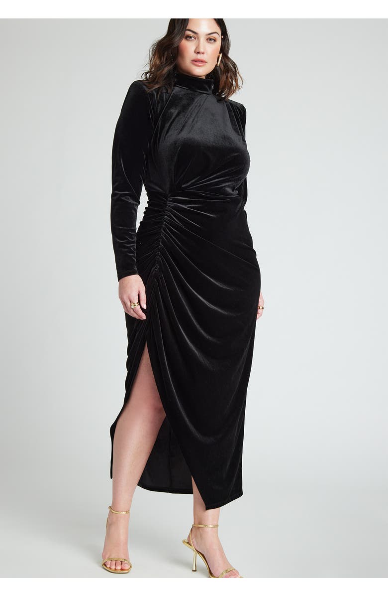 ELOQUII Mock Neck Velvet Dress With Slit, Alternate, color, Black Onyx