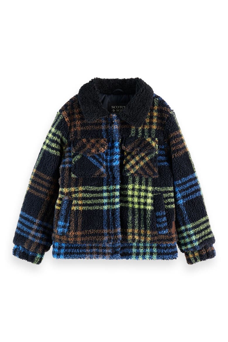Kids' Plaid Teddy Fleece Trucker Jacket, Main, color, SKY CAPTAIN/ MUSTANG