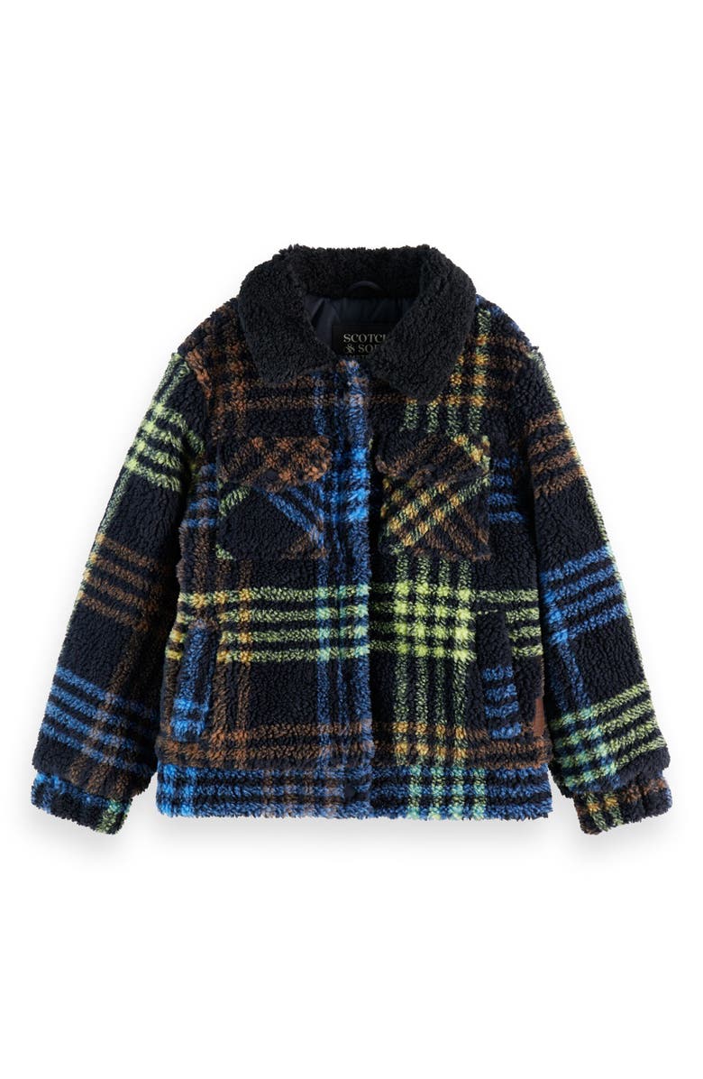 Scotch & Soda Kids' Plaid Teddy Fleece Trucker Jacket, Main, color, Sky Captain/ Mustang